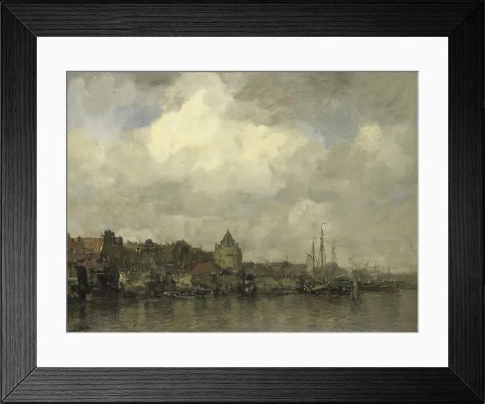 Framed Print : The Schreierstoren from Outside Amsterdam, by Jacob Maris, c. 1876, Dutch painting, oil on canvas. The Schreierstoren is the large round tower left of center