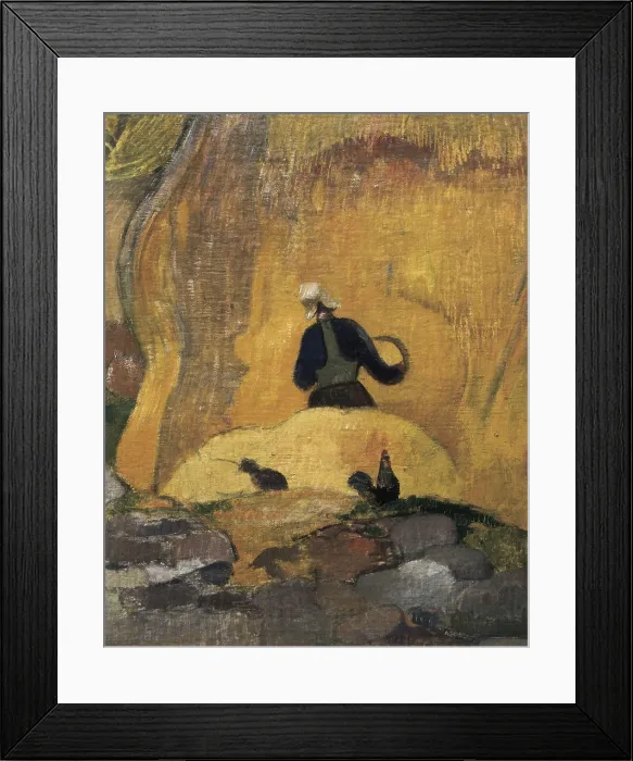 Framed Print : GAUGUIN, Paul (1848-1903). Yellow Haystacks, or Golden Harvest. 1889. Central detail. Peasant with a sickle in front of a haystack and hens. Impressionism. Oil on canvas. FRANCE Framed Print : GAUGUIN, Paul (1848-1903). Yellow Haystacks, or Golden Harvest. 1889. Central detail. Peasant with a sickle in front of a haystack and hens. Impressionism. Oil on canvas. FRANCE