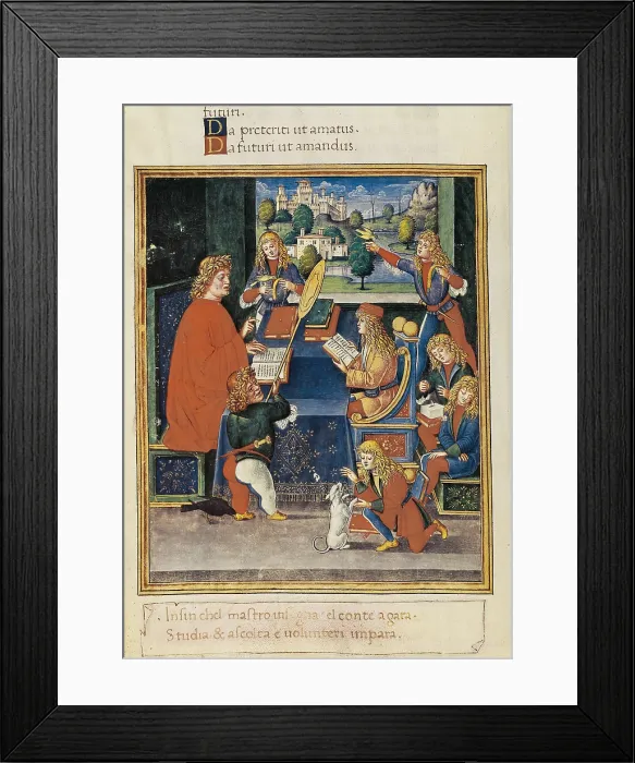 Framed Print : Maximiliano Sforza at school, picture of an Italian edition of the Grammar by Elio Donato (16th c.). Renaissance art. Miniature Painting. ITALY. Milan Framed Print : Maximiliano Sforza at school, picture of an Italian edition of the Grammar by Elio Donato (16th c.). Renaissance art. Miniature Painting. ITALY. Milan