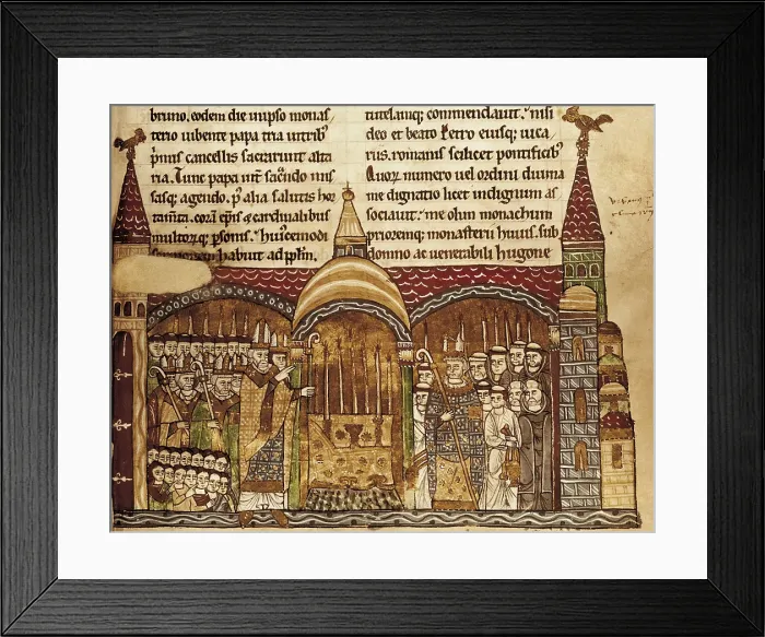 Framed Print : The Pope Urban II consecrates the altar of the church of the Cluny abbey (1085). Miniature of 12th c. Romanesque art. Miniature Painting. FRANCE. Paris. National Library Framed Print : The Pope Urban II consecrates the altar of the church of the Cluny abbey (1085). Miniature of 12th c. Romanesque art. Miniature Painting. FRANCE. Paris. National Library