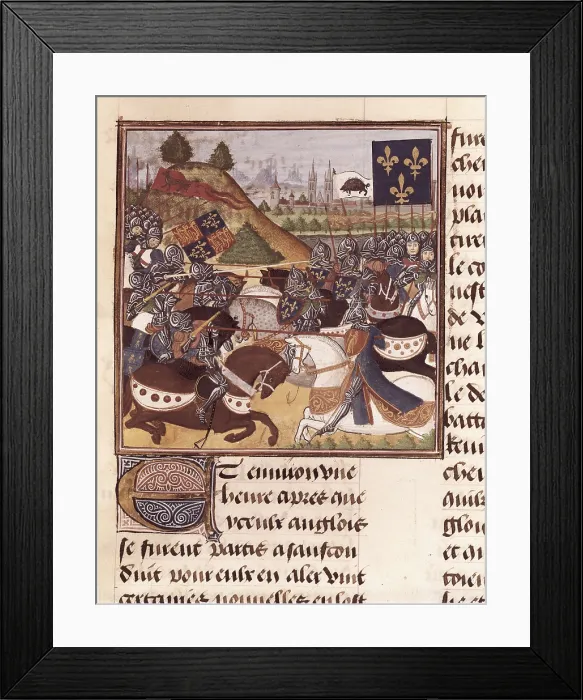 Framed Print : MARTIAL D'AUVERGNE, (1430-1508). Vigils of Charles VII. 1484. Fight of Joan of Arc and the Constable of Richemont against the English in Patey on 18th June 1429 Framed Print : MARTIAL D'AUVERGNE, (1430-1508). Vigils of Charles VII. 1484. Fight of Joan of Arc and the Constable of Richemont against the English in Patey on 18th June 1429
