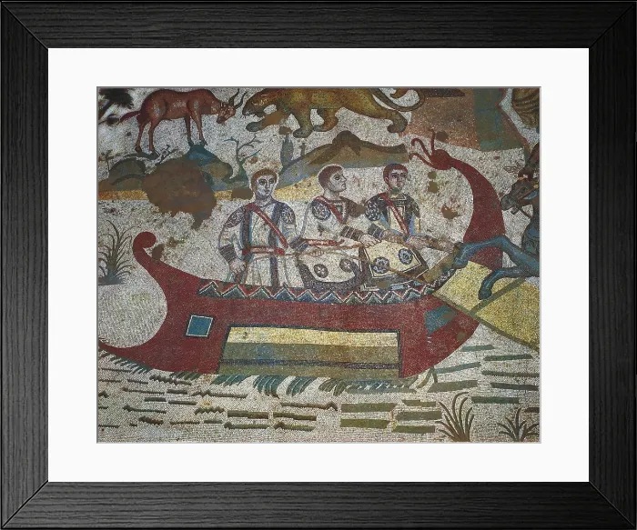Framed Print : Great Hunting Mosaic. 4th c. ITALY. Piazza Armerina. Villa Romana del Casale. Detail with boat. Roman art. Late Empire. Mosaic. AISA / Everett Collection**US SALES ONLY** Framed Print : Great Hunting Mosaic. 4th c. ITALY. Piazza Armerina. Villa Romana del Casale. Detail with boat. Roman art. Late Empire. Mosaic. AISA / Everett Collection**US SALES ONLY**