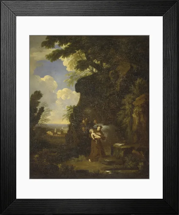 Framed Print : Landscape with Saint Anthony of Padua and the Infant Jesus, by Carlo Antonio Tavella, 17th - 18th century, oil on canvas. - Italy, Piedmont, Isola Bella, Palazzo Borromeo
