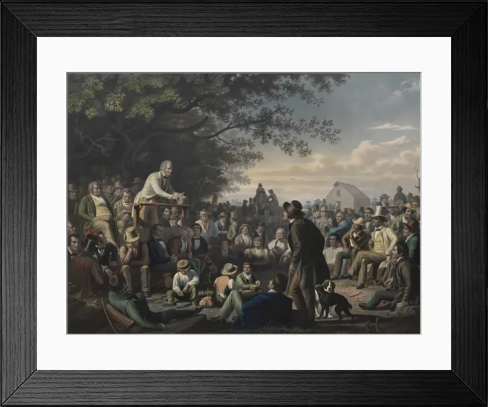 Framed Print : Stump Speaking, 1856 hand-colored engraving by John W. Sartain, after the 1854 original oil painting by George Caleb Bingham