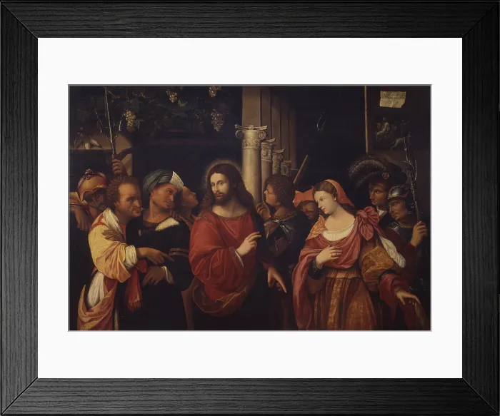 Framed Print : Christ and the adulteress, by Girolamo Fumagalli, 17th century, oil on canvas. - Italy, Lombardy, Milan, Castello Sforzesco, Museum of Ancient Art. Whole artwork view Framed Print : Christ and the adulteress, by Girolamo Fumagalli, 17th century, oil on canvas. - Italy, Lombardy, Milan, Castello Sforzesco, Museum of Ancient Art. Whole artwork view