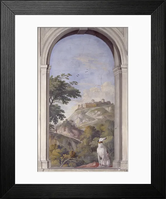 Framed Print : Scene with the dog in the foreground and the background rock, by Francesco Lorenzi, 18th century, fresco. - Italy, Veneto, Verona, Palazzo Ferrari. Whole artwork view