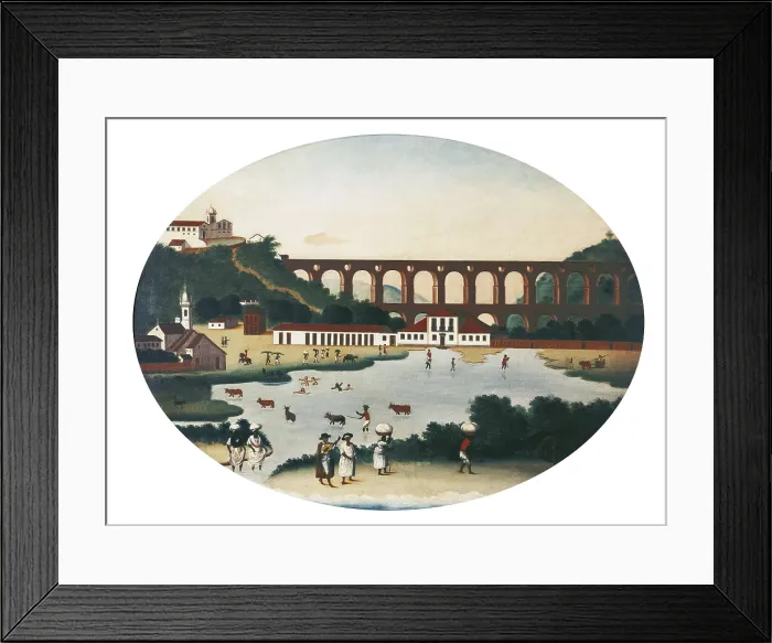 Framed Print : JOAQUIM, Leandro (1738-1798). View of the Lagoon of Boqueirao and the Acqueduct of Santa Teresa. 18th c. Colonial baroque. Oil on canvas. BRAZIL. Rio de Janeiro