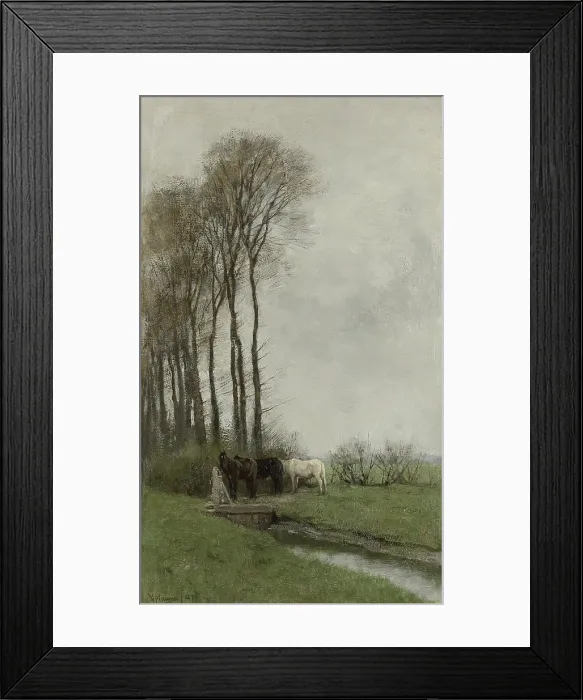 Framed Print : Horses at the Gate, by Anton Mauve, 1878, Dutch painting, oil on canvas. Three horses standing at a sluice in a water filled ditch. (BSLOC_2016_1_133)