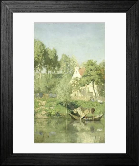 Framed Print : Aan de Oise, by Coen Metzelaar, 1877, Dutch painting, oil on panel. White house on the banks of the River Oise, with a garden, child and goat