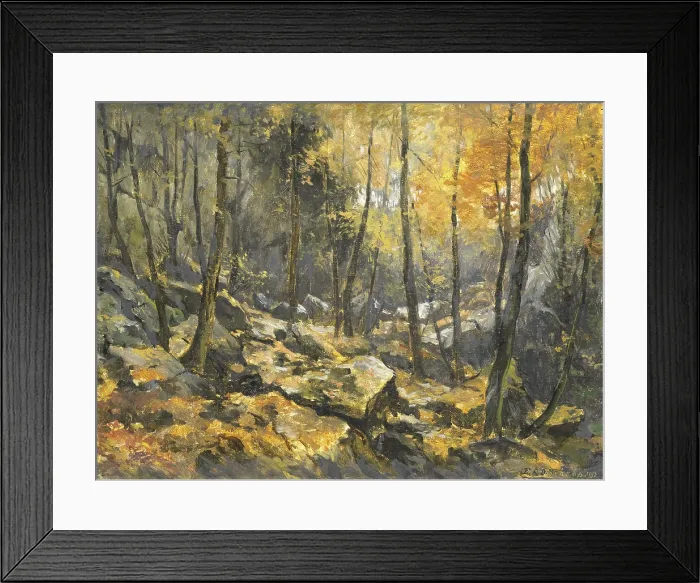 Framed Print : Felsenmeer, by Egbert Rubertus Derk Schaap, 1912, Dutch painting, oil on canvas. Backlit autumn forest with rocks and green and orange foliage. (BSLOC_2016_1_136) Framed Print : Felsenmeer, by Egbert Rubertus Derk Schaap, 1912, Dutch painting, oil on canvas. Backlit autumn forest with rocks and green and orange foliage. (BSLOC_2016_1_136)