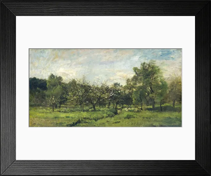Framed Print : Orchard, by Charles Franois Daubigny, c. 1865-69, French painting, oil on canvas. Barbizon school realist landscape with fruit trees in bloom. (BSLOC_2016_1_137)