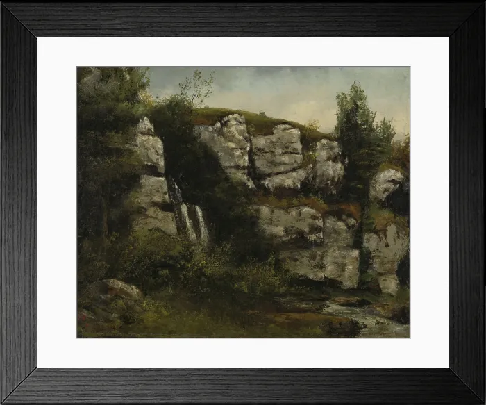 Framed Print : Landscape with Rocky Cliffs and a Waterfall, by Gustave Courbet, 1872, French painting, oil on canvas. Cliffs in the Jura Mountains near Rousseau's native Ornans Framed Print : Landscape with Rocky Cliffs and a Waterfall, by Gustave Courbet, 1872, French painting, oil on canvas. Cliffs in the Jura Mountains near Rousseau's native Ornans