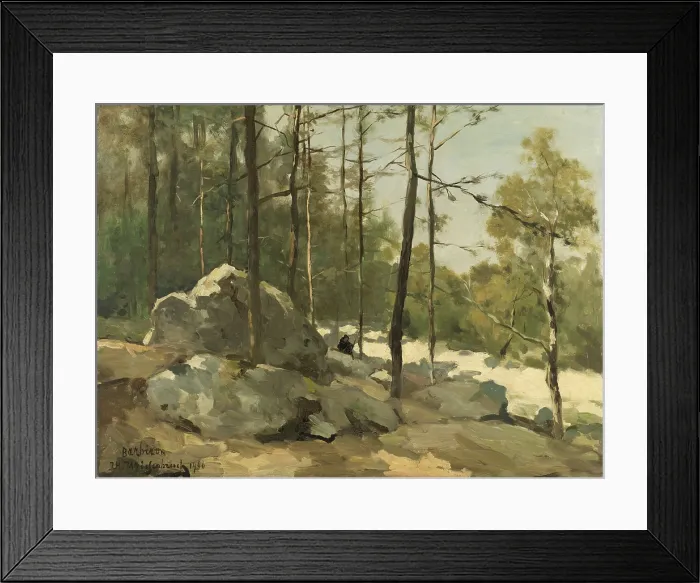 Framed Print : Wooded View near Barbizon, by Johan Hendrik Weissenbruch, 1900, Dutch painting, oil on canvas. A painter on a boulder sketching forest. Barbizon artists colony of 19th c