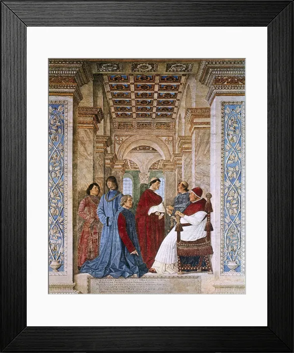 Framed Print : Melozzo da Forli (1438-1494). Sixtus IV appoints Bartolomeo Platina Prefect of the Vatican Library. ca. 1477. Transferred on canvas. Renaissance art. Quattrocento. Fresco Framed Print : Melozzo da Forli (1438-1494). Sixtus IV appoints Bartolomeo Platina Prefect of the Vatican Library. ca. 1477. Transferred on canvas. Renaissance art. Quattrocento. Fresco