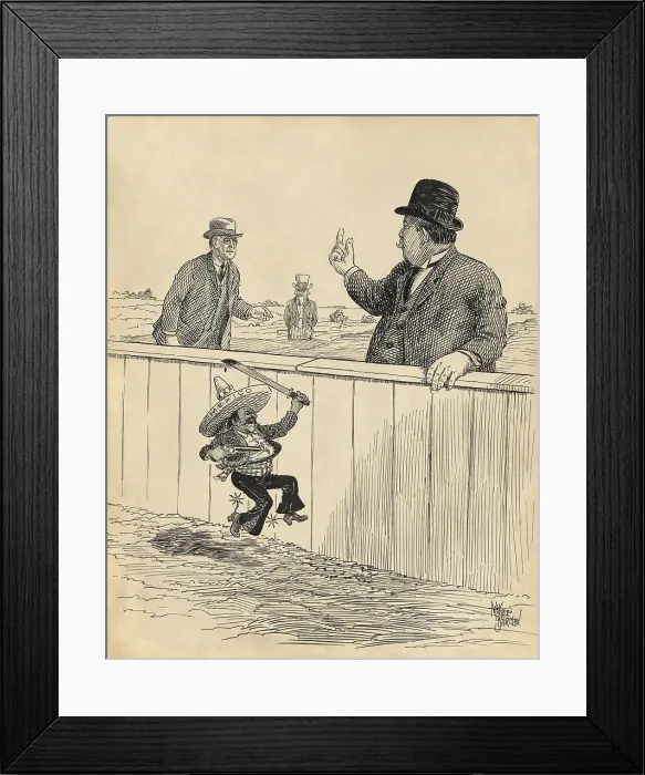 Framed Print : Outgoing President William H. Taft beckoning to his successor, Woodrow Wilson. Behind the fence is a raging Mexican bandit while a remote Uncle Sam stands in the distance