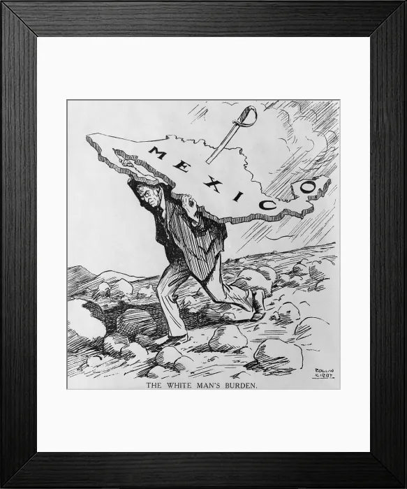 Framed Print : THE WHITE MANS BURDEN, Jan. 14, 1916, political cartoon showing Woodrow Wilson carrying flat piece of land Mexico pierced with a sword