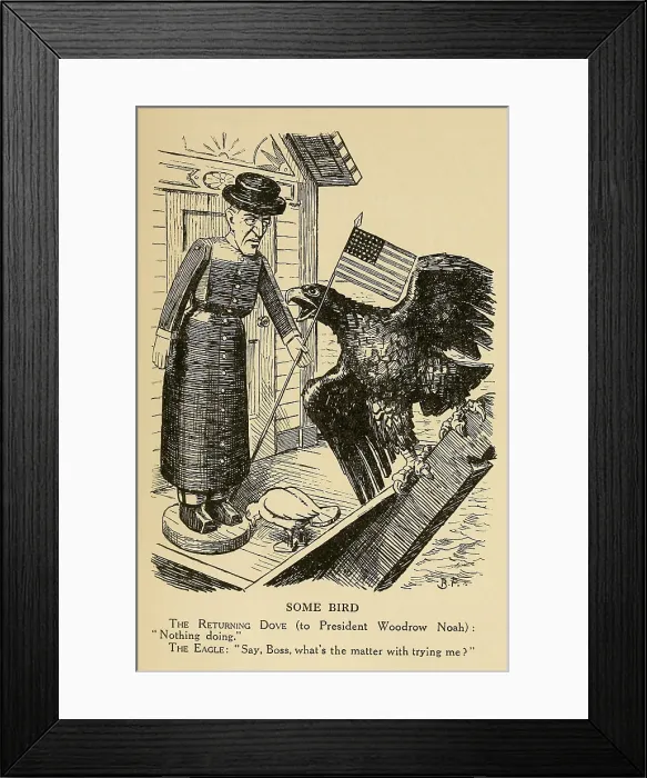 Framed Print : SOME BIRD, political cartoon, c. 1915-1916 from, British humor magazine, PUNCH. U.S. President Woodrow Wilson is depicted as a wooden figure, President Woodrow Noah