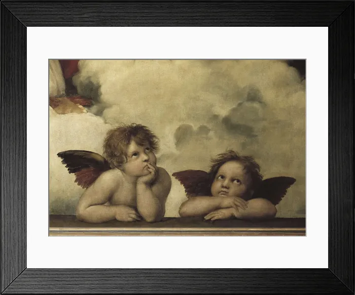 Framed Print : Raphael (1483-1520). The Sistine Madonna. 1512-1517. Lower detail with the figures of two cherubs. Renaissance art. Cinquecento. Oil on canvas. GERMANY. Dresden Framed Print : Raphael (1483-1520). The Sistine Madonna. 1512-1517. Lower detail with the figures of two cherubs. Renaissance art. Cinquecento. Oil on canvas. GERMANY. Dresden