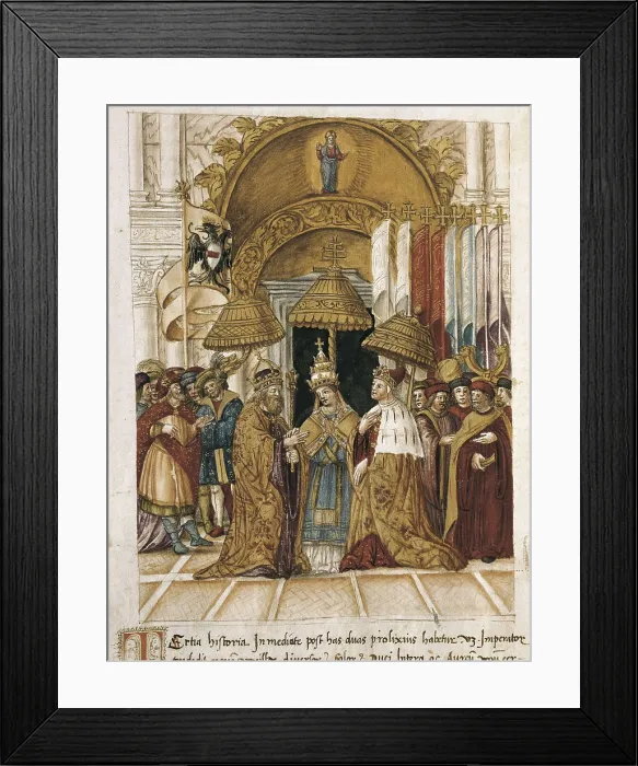 Framed Print : Meeting between the Pope Alexander III and the emperor Frederick I Barbarossa in Venice in 1177. Miniature Painting. AISA / Everett Collection**US SALES ONLY**