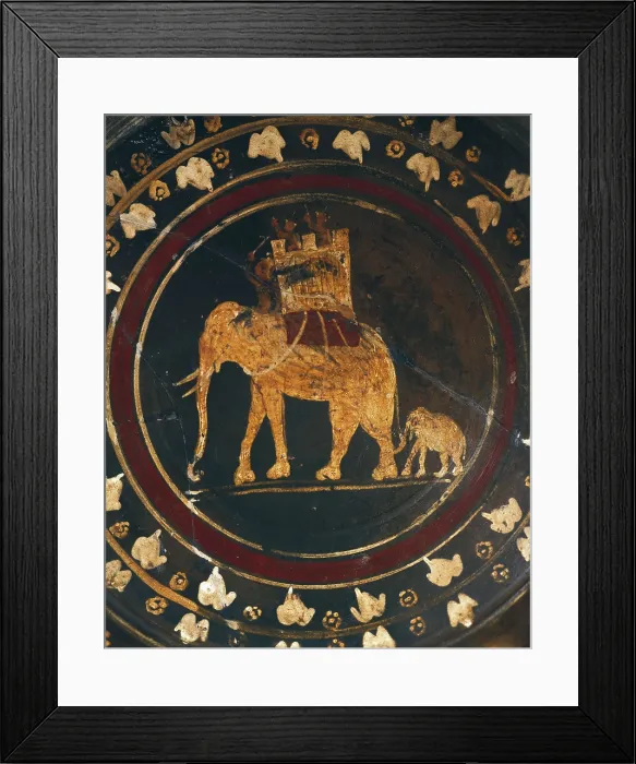 Framed Print : Etruscan plate with a war elephant fighting against the Carthaginians. Etruscan art. Ceramics. ITALY. Rome. National Etruscan Museum of Villa Julia