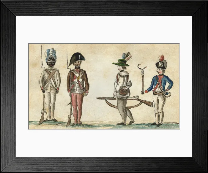 Framed Print : American Revolution. Watercolor by French soldier, Jean Baptiste Antoine de Verger, of four Continental Army soldiers at the siege of Yorktown, Virginia, in 1781
