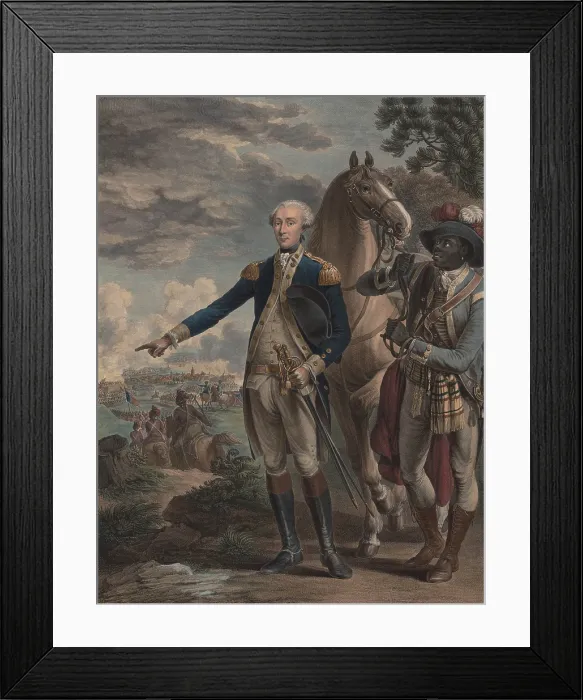 Framed Print : Marquess de la Fayette at the conclusion of the Yorktown Campaign in 1781. La Fayette wears a Continential Army uniform, stands with his horse, held by James Armistead