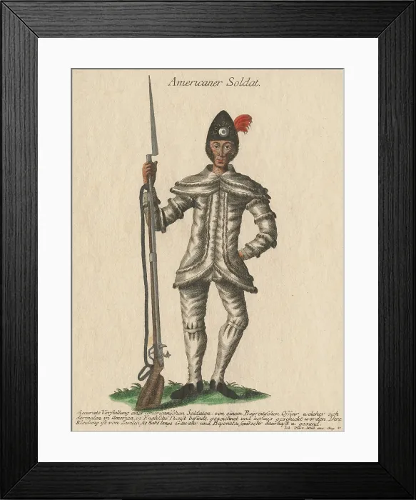 Framed Print : American Revolution. Engraving of frontal view of an American soldier of the Congress in North America, after the drawing of a German officer, Johann Martin Will, c. 1780 Framed Print : American Revolution. Engraving of frontal view of an American soldier of the Congress in North America, after the drawing of a German officer, Johann Martin Will, c. 1780