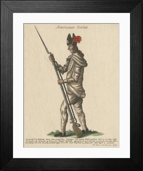 Framed Print : American Revolution. Engraving of side view of an American soldier of the Congress in North America, after the drawing of a German officer, Johann Martin Will, c. 1780