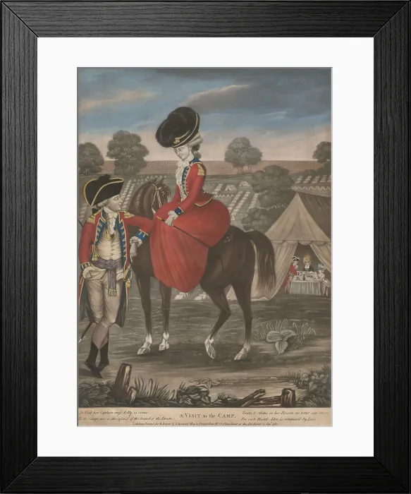 Framed Print : A Visit to the Camp, a 1780 British mezzotint shows an attractive mounted woman, wearing a semi-military styled riding-habit, as she is greeted by British officer Framed Print : A Visit to the Camp, a 1780 British mezzotint shows an attractive mounted woman, wearing a semi-military styled riding-habit, as she is greeted by British officer