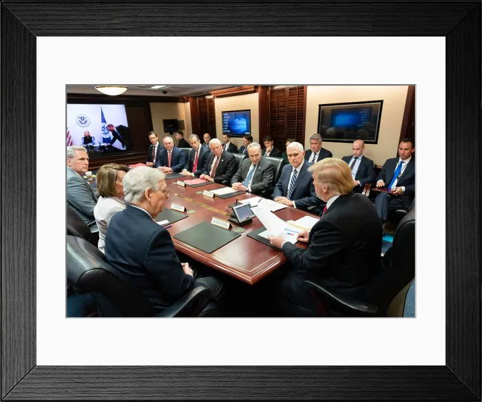 Framed Print : President Donald Trump meets legislative leaders who could not resolve the impasse caused by Trump's demands for 5.6 billion dollars for a border wall. Jan. 2, 2019