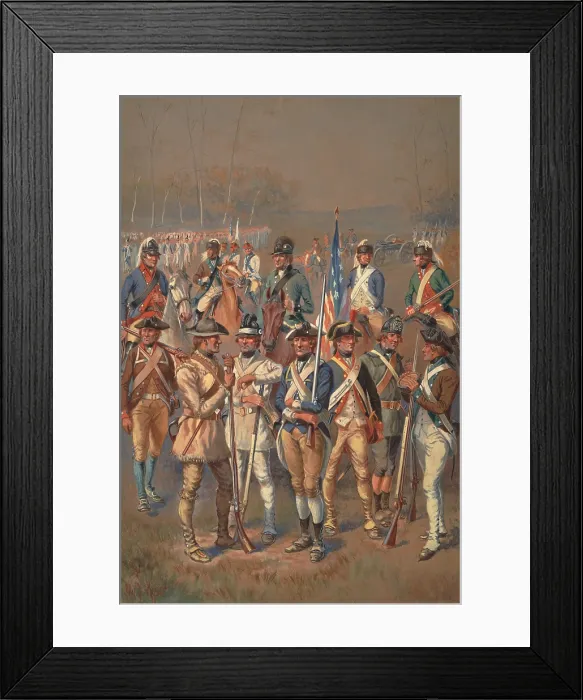 Framed Print : American Revolution. 12 different uniforms of American soldiers in the infantry, cavalry and artillery, during the Revolutionary War. Watercolor by Charles Lefferts, c
