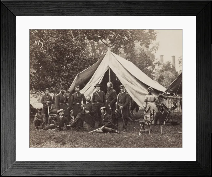 Framed Print : General Fitz John Porter sits on a chair with his staff in front of a tent at headquarters, Westover Landing, Va. July 16, 1862 Framed Print : General Fitz John Porter sits on a chair with his staff in front of a tent at headquarters, Westover Landing, Va. July 16, 1862