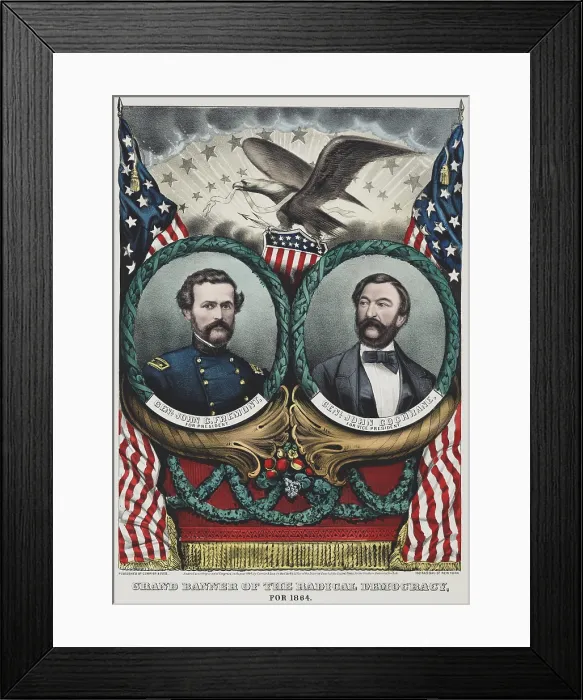 Framed Print : 1864 Grand Banner of the Radical Democracy. John Fremont and John Cochrane were the candidates of the Radical Democrats, a faction consisting mostly of Germans and abolitionists