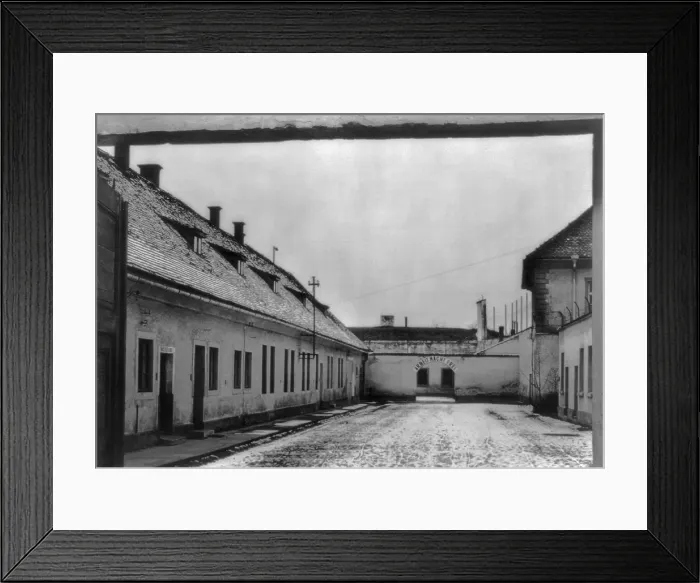 Framed Print : Theresienstadt concentration camp with sign Arbeit macht frei, (Work makes you free)