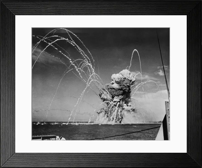 Framed Print : Liberty Ship SS Rowan explodes after being hit by a German bomb, near Gela, Sicily on July 11, 1943. The 400 U.S. sailors, crewmen and soldiers from the U.S Framed Print : Liberty Ship SS Rowan explodes after being hit by a German bomb, near Gela, Sicily on July 11, 1943. The 400 U.S. sailors, crewmen and soldiers from the U.S
