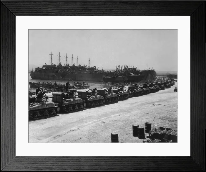 Framed Print : Two days before the Allied invasion of Sicily, tanks board landing craft. Ships are at the French Naval Base, La Pecherie, Tunisia. July 1943, World War 2. (BSLOC_2014_10_19) Framed Print : Two days before the Allied invasion of Sicily, tanks board landing craft. Ships are at the French Naval Base, La Pecherie, Tunisia. July 1943, World War 2. (BSLOC_2014_10_19)