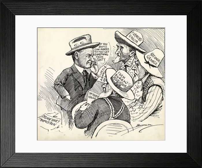 Framed Print : If you boys can agree you may get something from Santy. Cartoon shows President Calvin Coolidge talking to three farmers labeled Farmers Union