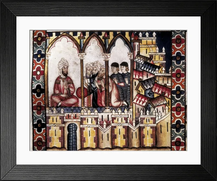 Framed Print : Cantigas de Santa Maria (Virgin Mary Songs). 13th c. Illustration of the cantiga (song) 181 depicting the Muslim Court. Gothic art. Miniature Painting. SPAIN