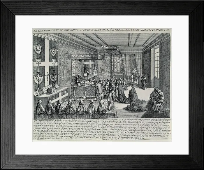 Framed Print : LOUIS XIV, called 'Le Roi Soleil' (1638-1715). Louis XIV's death at the Versailles Palace (1715). Xylography. FRANCE. Paris. Muse Carnavalet (Carnavalet Museum) Framed Print : LOUIS XIV, called 'Le Roi Soleil' (1638-1715). Louis XIV's death at the Versailles Palace (1715). Xylography. FRANCE. Paris. Muse Carnavalet (Carnavalet Museum)