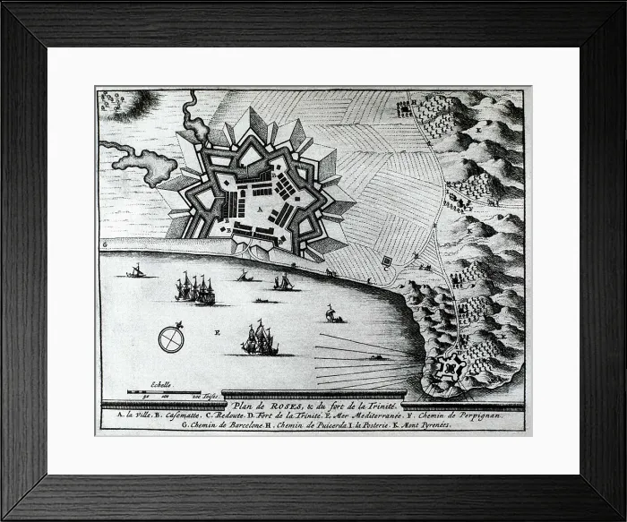 Framed Print : French map of the city of Roses and Trinidad fortress. Xylography. AISA / Everett Collection**US SALES ONLY**
