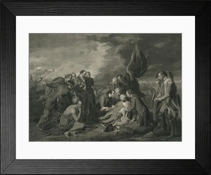 Framed Print : French and Indian War. The death of British General James Wolfe at the Battle of the Plains of Abraham, Sept. 13, 1759. Engraving of a painting by Benjamin West (BSLOC_2019_3_26) Framed Print : French and Indian War. The death of British General James Wolfe at the Battle of the Plains of Abraham, Sept. 13, 1759. Engraving of a painting by Benjamin West (BSLOC_2019_3_26)