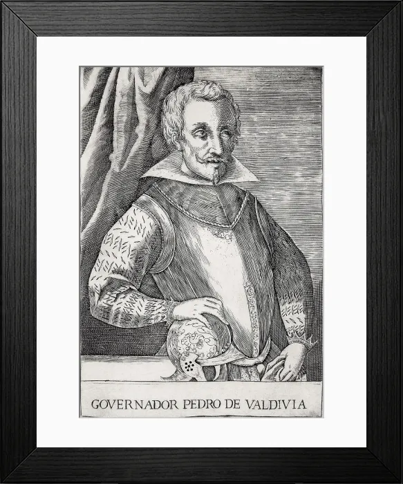 Framed Print : VALDIVIA, Pedro de (1497-1553). Spanish military man, conqueror of Chile and founder of Santiago (1541). Engraving. SPAIN. Madrid. National Library Framed Print : VALDIVIA, Pedro de (1497-1553). Spanish military man, conqueror of Chile and founder of Santiago (1541). Engraving. SPAIN. Madrid. National Library