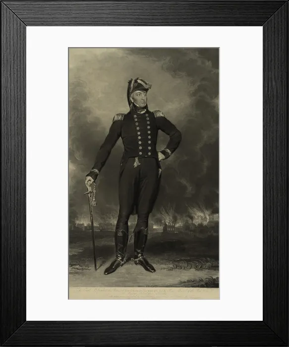 Framed Print : War of 1812. The Burning of Washington, DC, August, 24, 1814. 1817. British Admiral Sir George Cockburn, stands before the burning capital city in the distance Framed Print : War of 1812. The Burning of Washington, DC, August, 24, 1814. 1817. British Admiral Sir George Cockburn, stands before the burning capital city in the distance