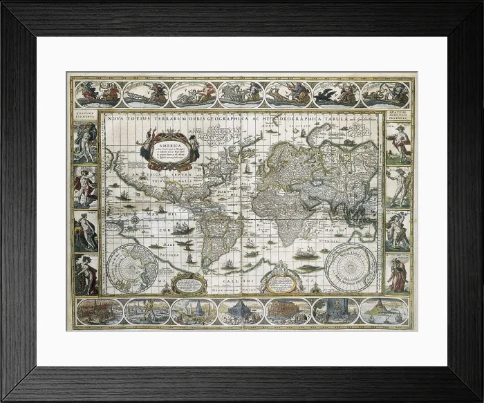 Framed Print : BLAEU, Willem Janszoon (1571-1638); BLAEU, Jan (1596-1673). Le Theatre du Monde (The World Theatre). 1645. Detail of the world map with the legend of America. Etching. SPAIN