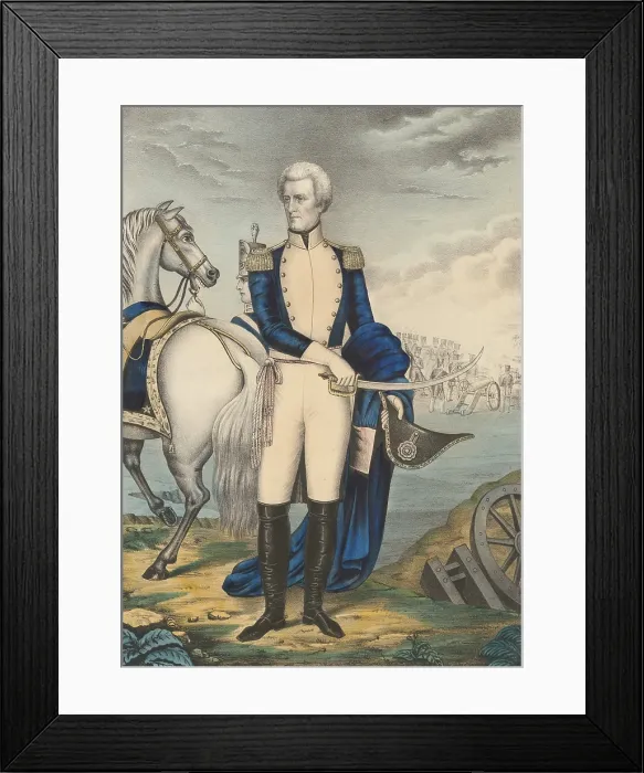 Framed Print : General Andrew Jackson, the hero of New Orleans in the War of 1812, Jan. 8, 1815. Colored lithograph published by E. C. Kellogg for the popular market Framed Print : General Andrew Jackson, the hero of New Orleans in the War of 1812, Jan. 8, 1815. Colored lithograph published by E. C. Kellogg for the popular market