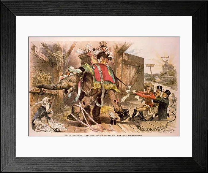 Framed Print : Civil Service Commissioners, Theodore Roosevelt, Thompson, and Charles Lyman exerting their pull. PUCK Magazine cartoon of Oct