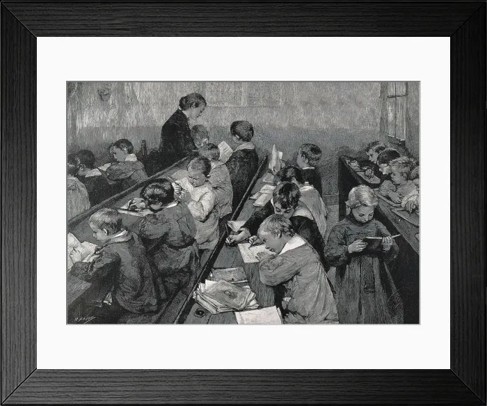 Framed Print : 'In class', engraving based on a painting by Geoffroy (1910). Etching. AISA / Everett Collection**US SALES ONLY**