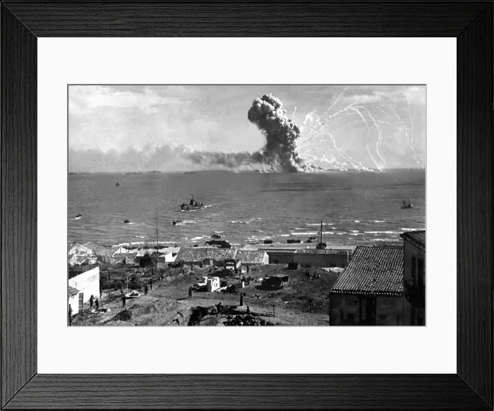 Framed Print : Liberty Ship SS Rowan explodes after being hit by a German bomb, near Gela, Sicily on July 11, 1943. Allied invasion of Sicily, World War 2. (BSLOC_2014_10_21) Framed Print : Liberty Ship SS Rowan explodes after being hit by a German bomb, near Gela, Sicily on July 11, 1943. Allied invasion of Sicily, World War 2. (BSLOC_2014_10_21)