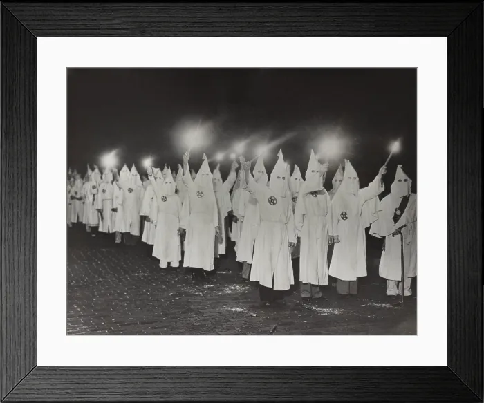 Framed Print : Bearing fiery torches Ku Klux Klan members demonstrate to intimidate African Americans from voting in the St