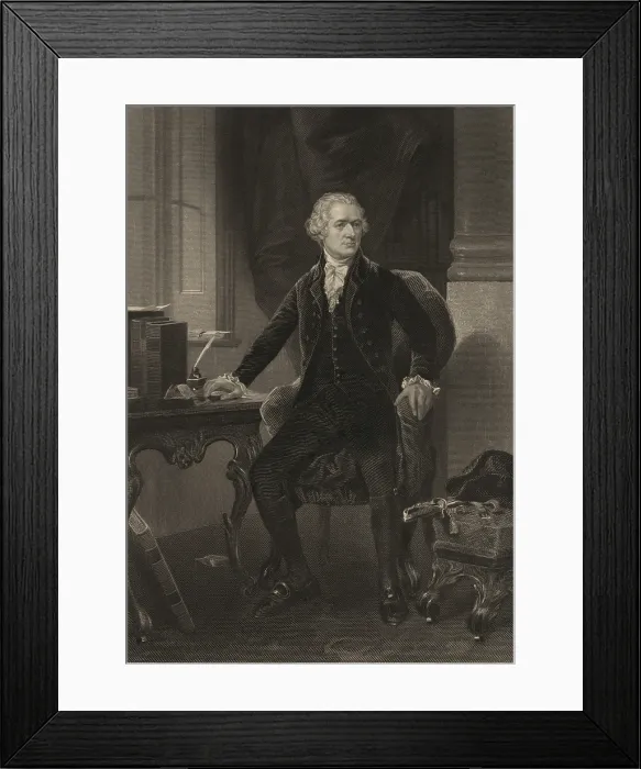 Framed Print : Alexander Hamilton, in full length portrait, a sitting at a desk. The portrait head appears to be based on John Trumbulls paintings